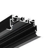 Close-up of the 2" Recessed Easy-Mounting LED Strip Channel (Model Phil.v2 Recessed), a black aluminum profile with intricate channels and grooves—perfect for seamless architectural framing or recessed LED strip installations.