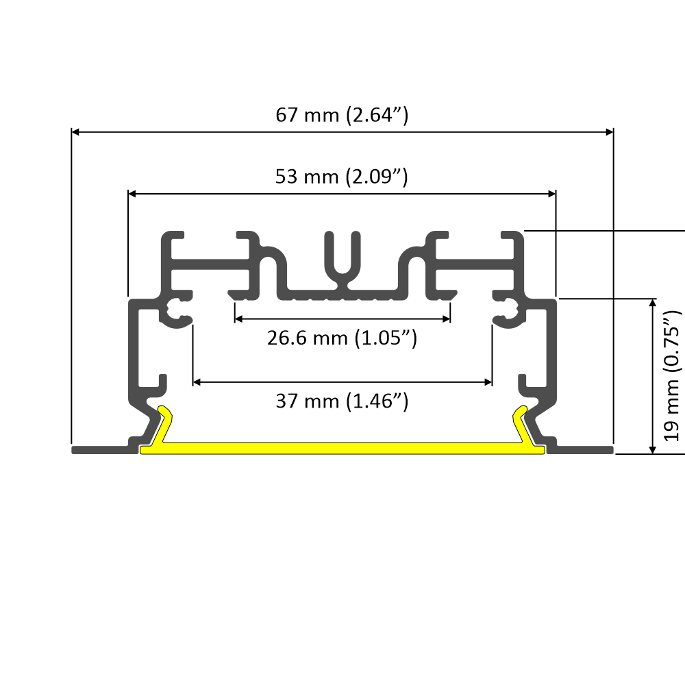 Technical cross-section of the 2" Recessed Easy-Mounting LED Strip Channel (Model Phil.v2 Recessed) with labeled widths: 67 mm, 53 mm, 26.6 mm; and heights: 19 mm, base height 37 mm—ideal for LED strip installation.