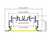 Technical cross-section of the 2" Recessed Easy-Mounting LED Strip Channel (Model Phil.v2 Recessed) with labeled widths: 67 mm, 53 mm, 26.6 mm; and heights: 19 mm, base height 37 mm—ideal for LED strip installation.