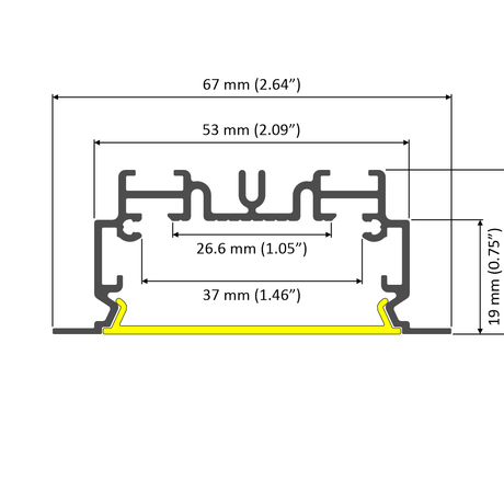 Technical cross-section of the 2" Recessed Easy-Mounting LED Strip Channel (Model Phil.v2 Recessed) with labeled widths: 67 mm, 53 mm, 26.6 mm; and heights: 19 mm, base height 37 mm—ideal for LED strip installation.