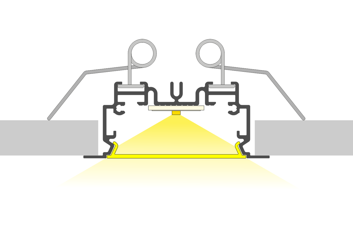 Cross-section diagram of the 2" Recessed Easy-Mounting LED Strip Channel (Model Phil.v2 Recessed) installed between surfaces, with aluminum profile, downward LED light emission, and metal clips securing the fixture.