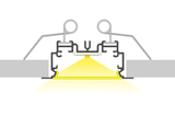 Cross-section diagram of the 2" Recessed Easy-Mounting LED Strip Channel (Model Phil.v2 Recessed) installed between surfaces, with aluminum profile, downward LED light emission, and metal clips securing the fixture.