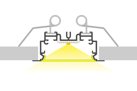 Cross-section diagram of the 2" Recessed Easy-Mounting LED Strip Channel (Model Phil.v2 Recessed) installed between surfaces, with aluminum profile, downward LED light emission, and metal clips securing the fixture.
