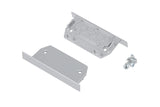 End Cap for Phil.v2 Recessed Profile lighting fixture: includes two silver metal plates (one with raised edges and rectangular cutout, one flat with angled ends) and three small screws, all shown on a white background.