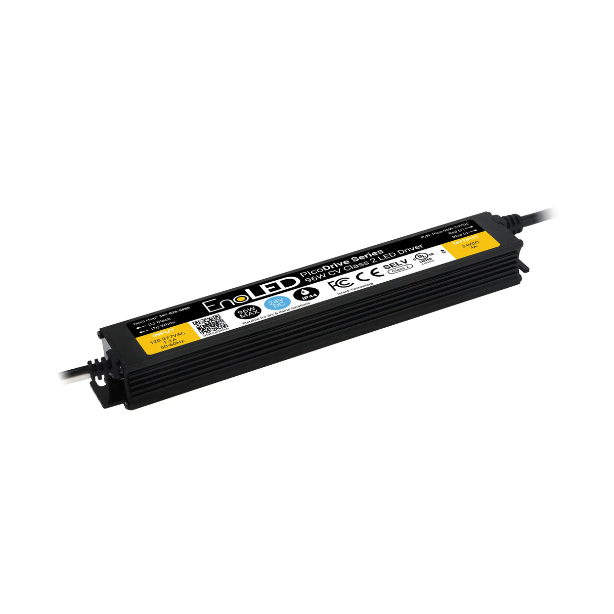 The Slim Class 2 LED Driver (24V) from the EnoLED PicoDrive Series is a rectangular black dimmable power supply with a yellow and white technical label, designed for energy-efficient lighting and features wires extending from both ends.