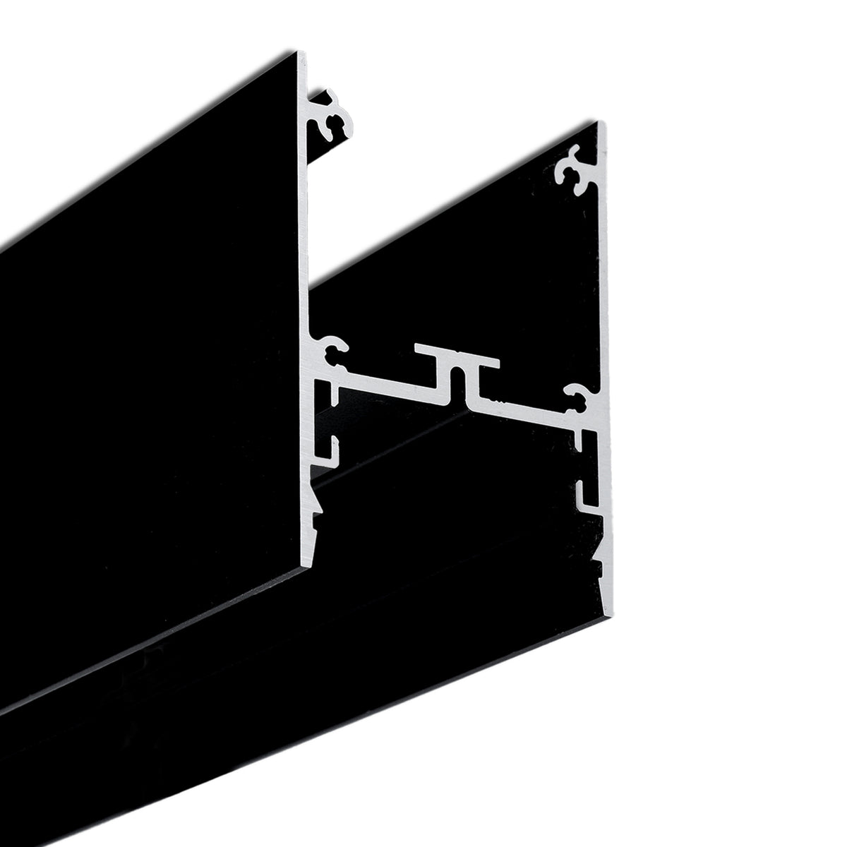 Close-up of a 1.76″ Suspended/Surface Mount LED Channel ~ Model Pixel33-02 in black, featuring a complex cross-section, ideal for architectural lighting or framing, shown against a white background.
