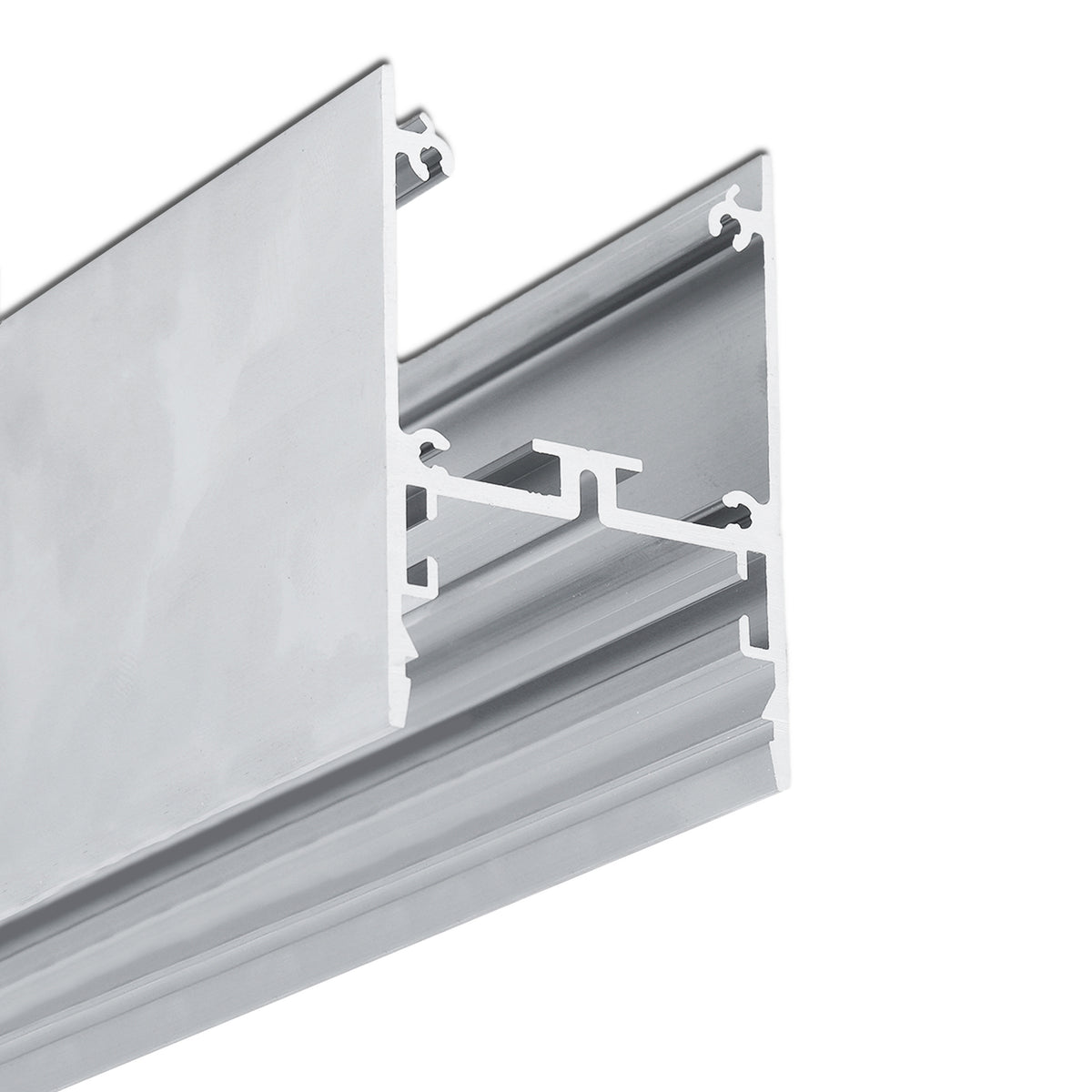 Close-up of the 1.76″ Suspended/Surface Mount LED Channel ~ Model Pixel33-02 in silver aluminum, featuring multiple slots and ridges—ideal for building frames or architectural lighting installations.