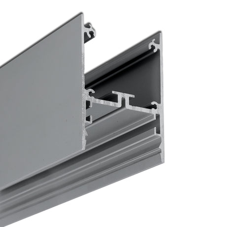 Close-up of 1.76″ Suspended/Surface Mount LED Channel ~ Model Pixel33-02 in gray aluminum, showing its hollow interior and multiple channels—ideal for architectural lighting or framing applications.