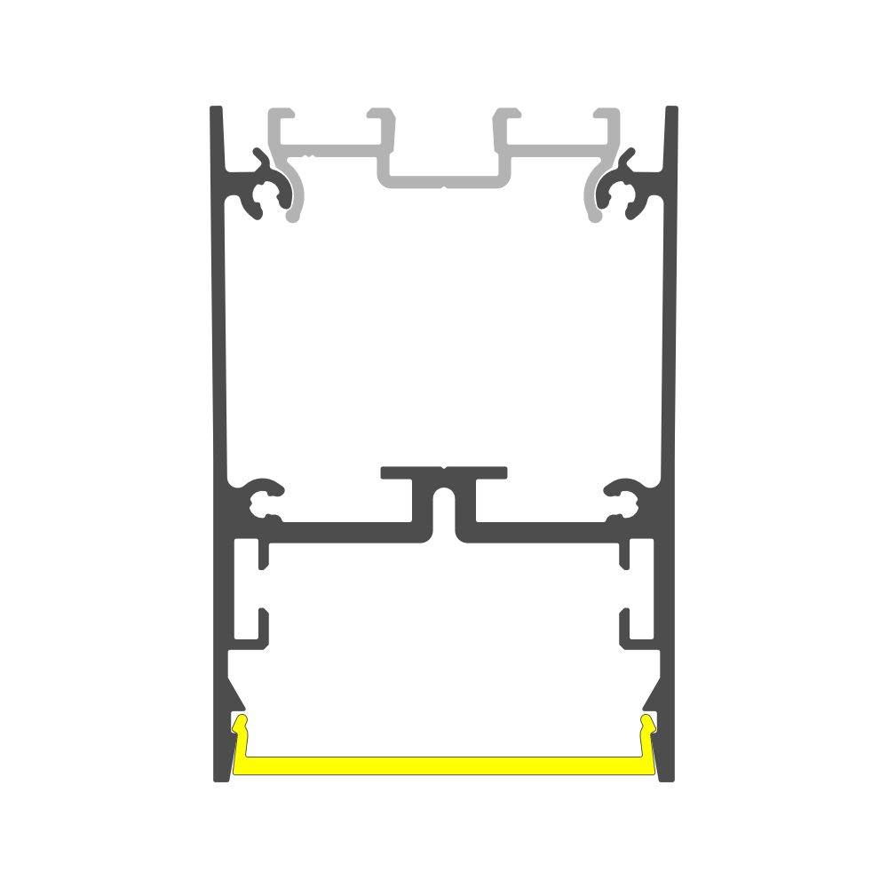 Cross-sectional diagram of the 1.76″ Suspended/Surface Mount LED Channel ~ Model Pixel33-02 with a highlighted yellow gasket at the bottom, showing its structural design and internal component placement.