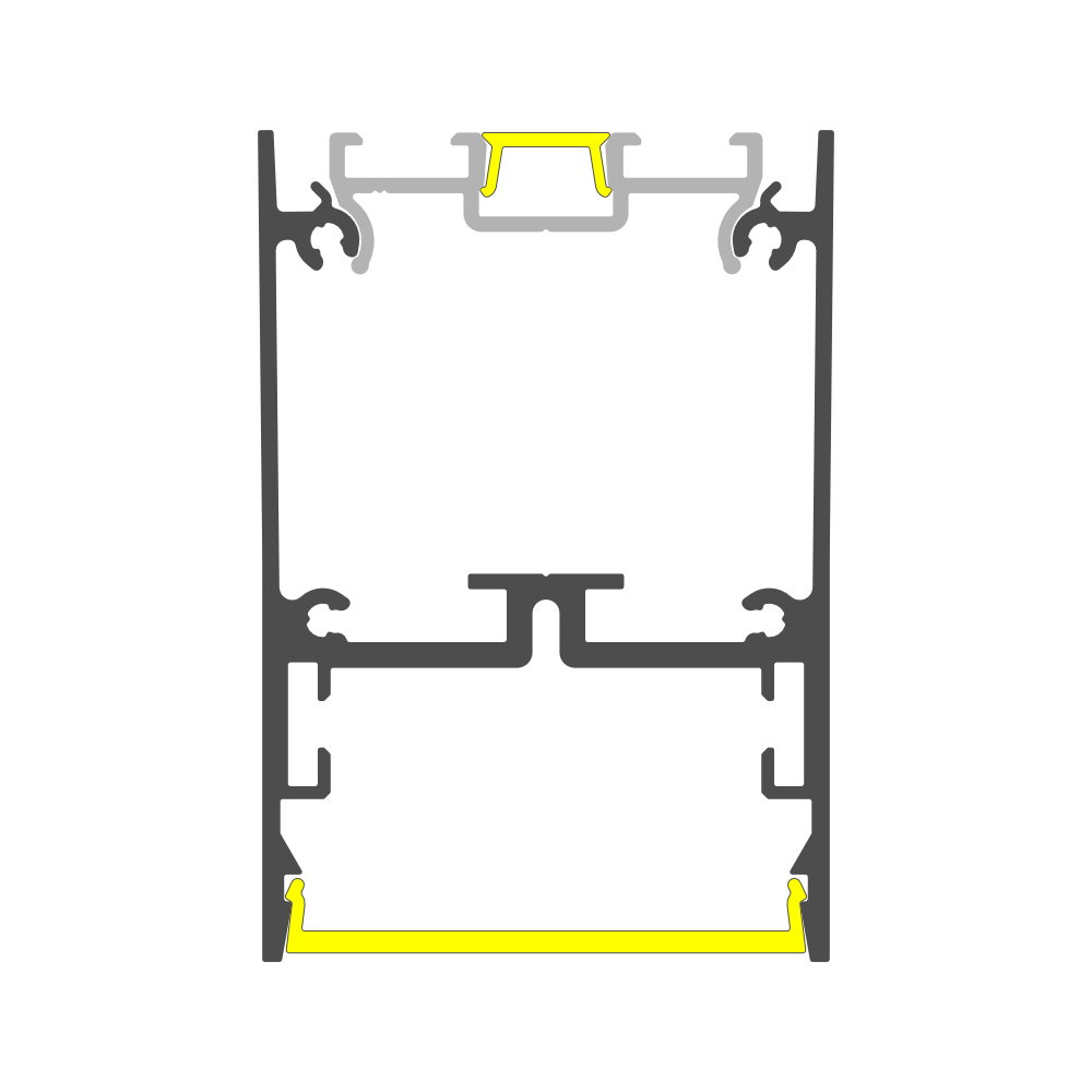 Cross-section of 1.76″ Suspended/Surface Mount LED Channel ~ Model Pixel33-02, shown in gray with yellow and light gray highlighting key parts, including an integrated aluminum channel for linear lighting.