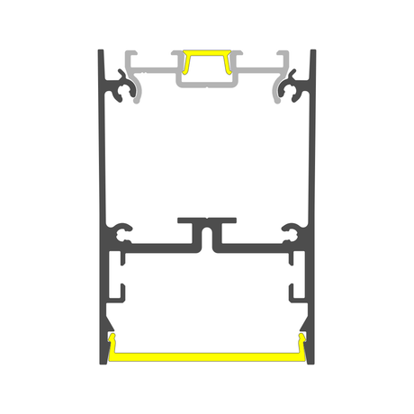 Cross-section of 1.76″ Suspended/Surface Mount LED Channel ~ Model Pixel33-02, shown in gray with yellow and light gray highlighting key parts, including an integrated aluminum channel for linear lighting.