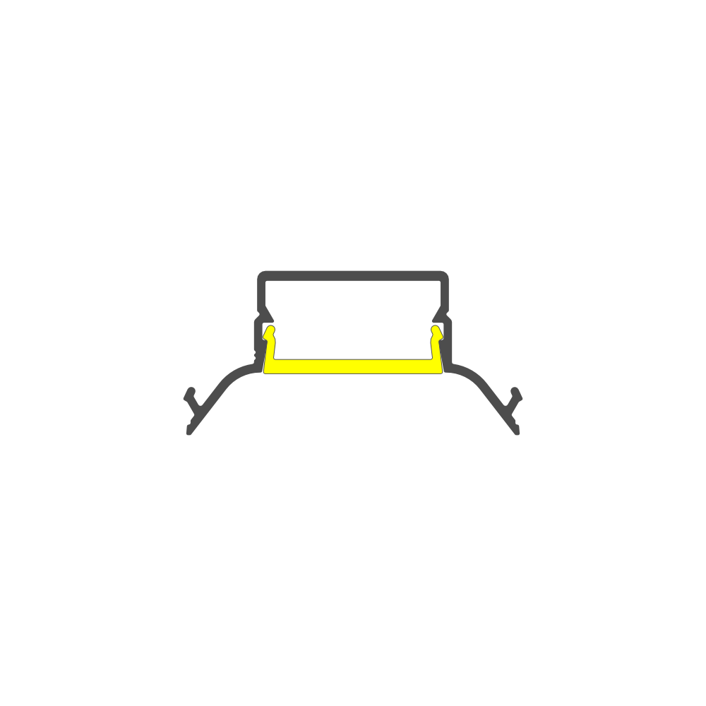 Cross-section diagram of a Complementary Profile ~ Model Pixel33-04 rectangular aluminum lighting channel featuring a yellow mounting bracket for recessed light tray applications.