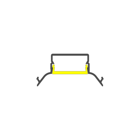 Cross-section diagram of a Complementary Profile ~ Model Pixel33-04 rectangular aluminum lighting channel featuring a yellow mounting bracket for recessed light tray applications.