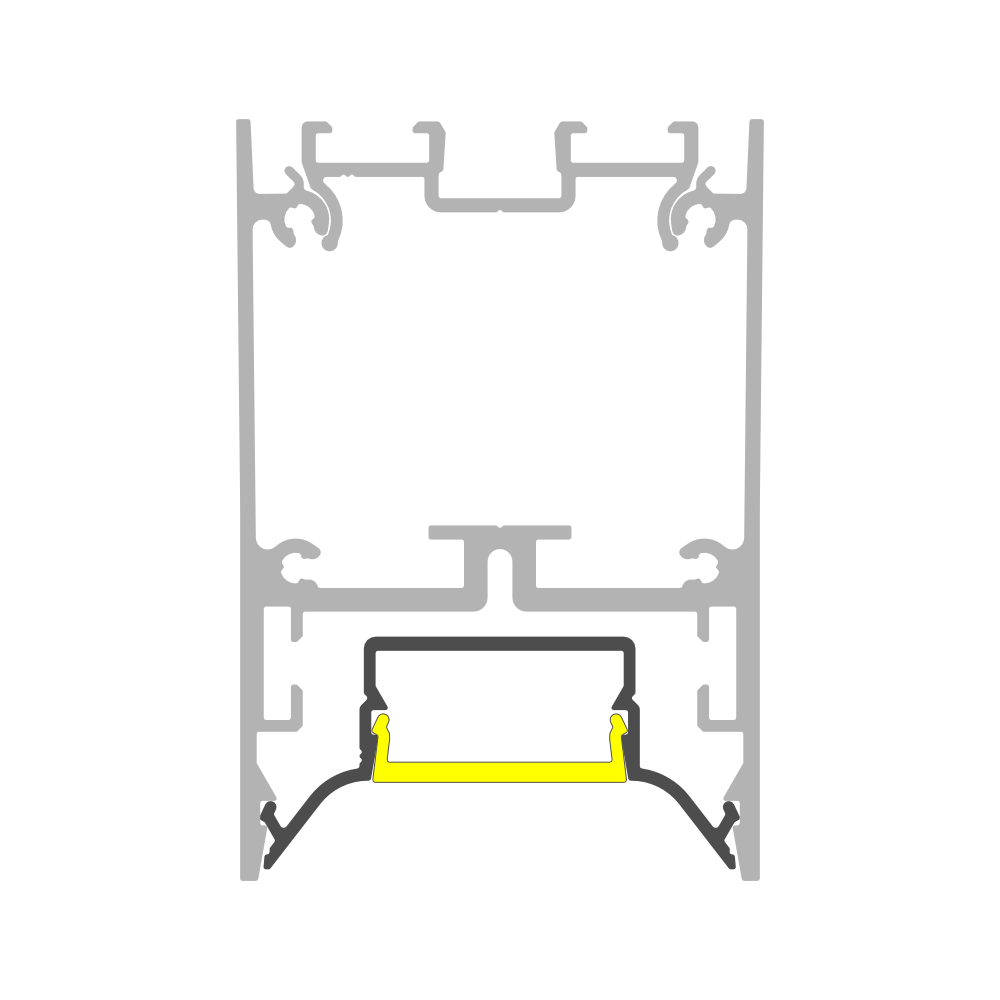 Cross-section diagram of the Complementary Profile ~ Model Pixel33-04 aluminum LED profile featuring a recessed channel highlighted in yellow to reduce glare.