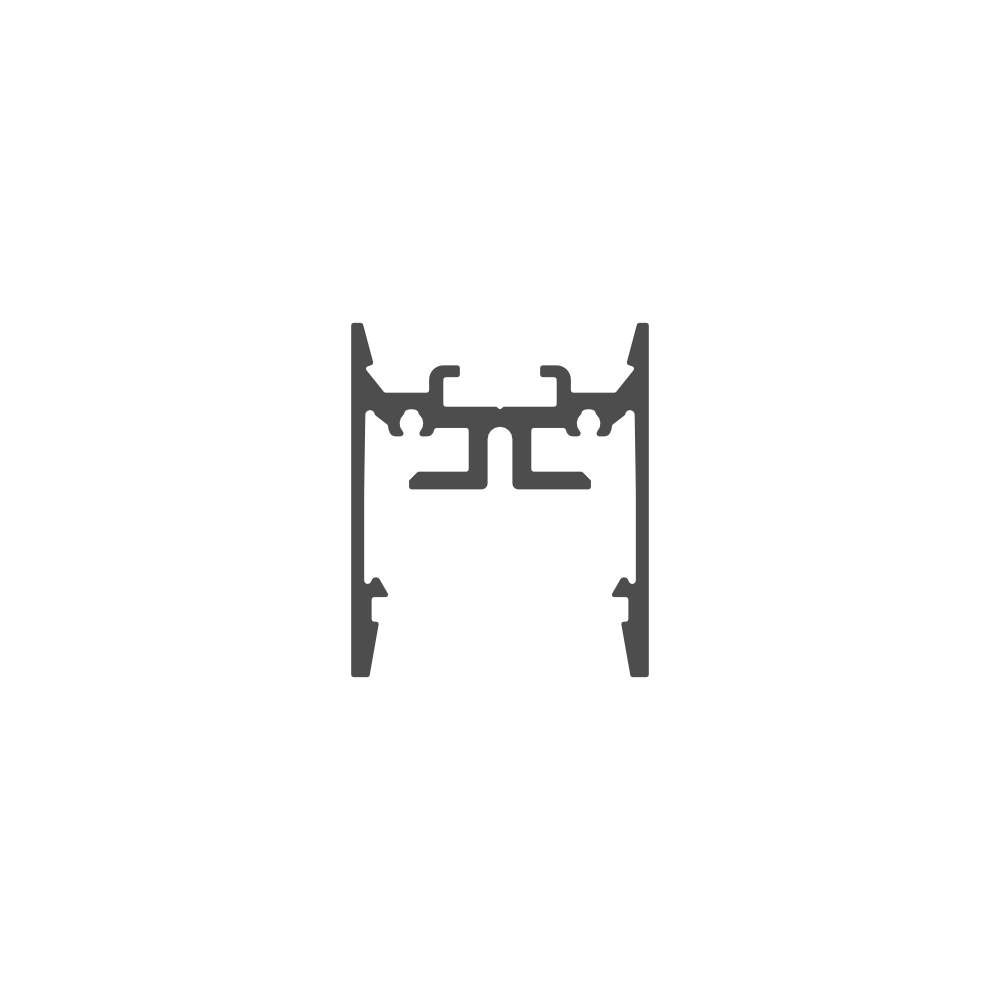 A black, symmetrical, abstract shape resembling two vertical brackets with horizontal and angled extensions—much like the cross-section of the 1″ Suspended/Surface Mount LED Channel (Model Pixy20-01)—centered on a white background.