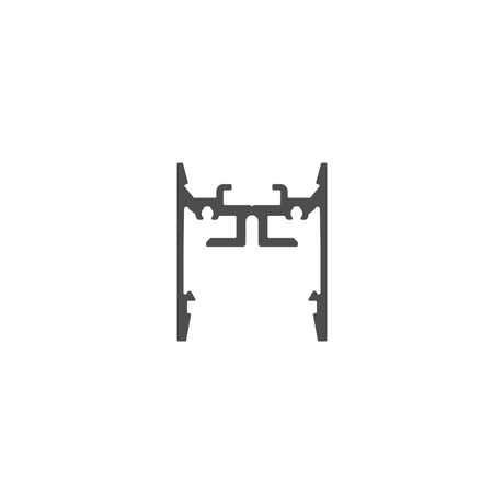 A black, symmetrical, abstract shape resembling two vertical brackets with horizontal and angled extensions—much like the cross-section of the 1″ Suspended/Surface Mount LED Channel (Model Pixy20-01)—centered on a white background.