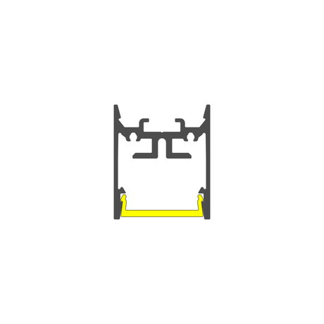 Cross-section of a 1″ Suspended/Surface Mount LED Channel ~ Model Pixy20-01 featuring a yellow diffuser strip at the bottom.