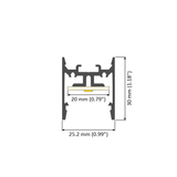 Cross-section diagram of the 1″ Suspended/Surface Mount LED Channel (Model Pixy20-01), with labeled dimensions: 30 mm (1.18″) height, 25.2 mm (0.99″) width, and 20 mm (0.79″) inner width—ideal for linear lighting applications using an aluminum LED channel.