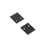 Two small, square, black End Caps for Pixy20-02 Profile, each featuring two countersunk holes, are placed on a white background.