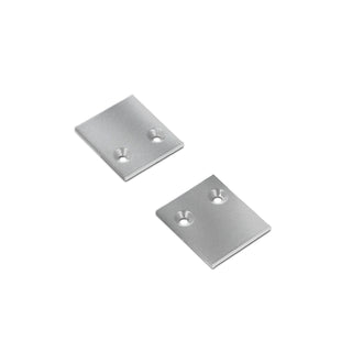 Two square, silver End Caps for Pixy20-02 Profile, each featuring two countersunk holes, are placed on a white background.