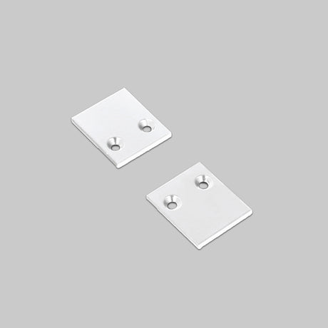 Two small, square, silver End Caps for Pixy20-02 Profile, each featuring two holes, are placed on a plain gray background.
