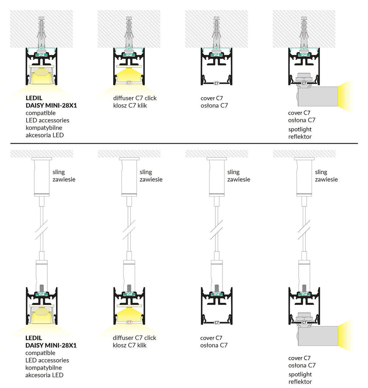 A diagram shows assembly steps for the 1″ Suspended/Surface Mount LED Channel (Model Pixy20-01), with sections labeled in English and Polish, illustrating parts such as the LED, diffuser, reflector, and surface-mounted LED profile.