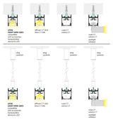 A diagram shows assembly steps for the 1″ Suspended/Surface Mount LED Channel (Model Pixy20-01), with sections labeled in English and Polish, illustrating parts such as the LED, diffuser, reflector, and surface-mounted LED profile.