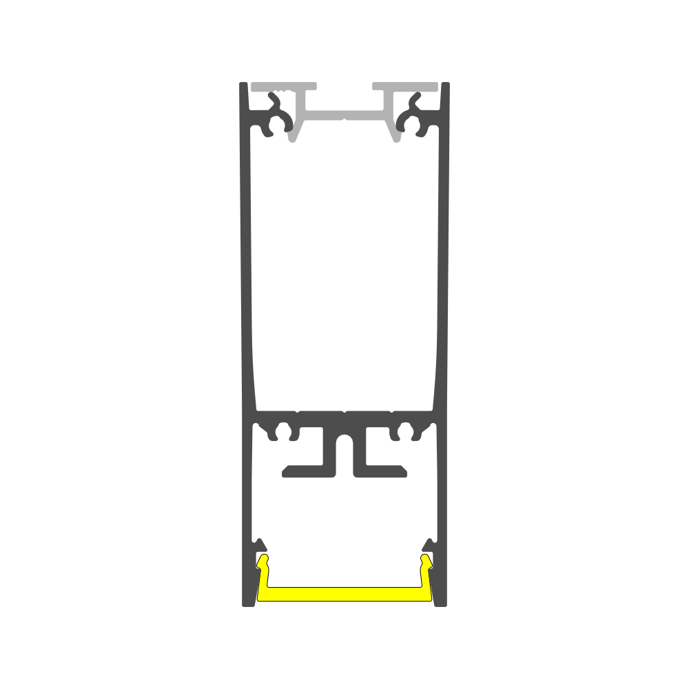 Cross-section view of a 1″ Suspended/Surface Mount LED Channel ~ Model Pixy20-02 with a yellow lens at the base.