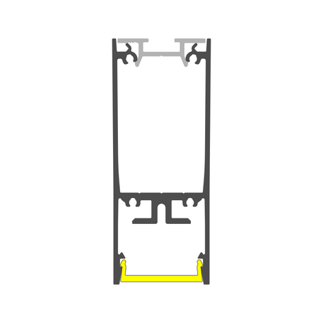 Cross-section view of a 1″ Suspended/Surface Mount LED Channel ~ Model Pixy20-02 with a yellow lens at the base.