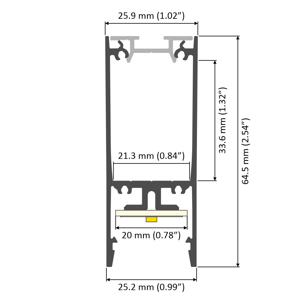 Technical diagram showing a cross-sectional view of the 1″ Suspended/Surface Mount LED Channel (Model Pixy20-02), designed as an aluminum LED profile for architectural lighting, with labeled dimensions in millimeters and inches. Various interior and exterior widths and heights are displayed with arrows and annotations.