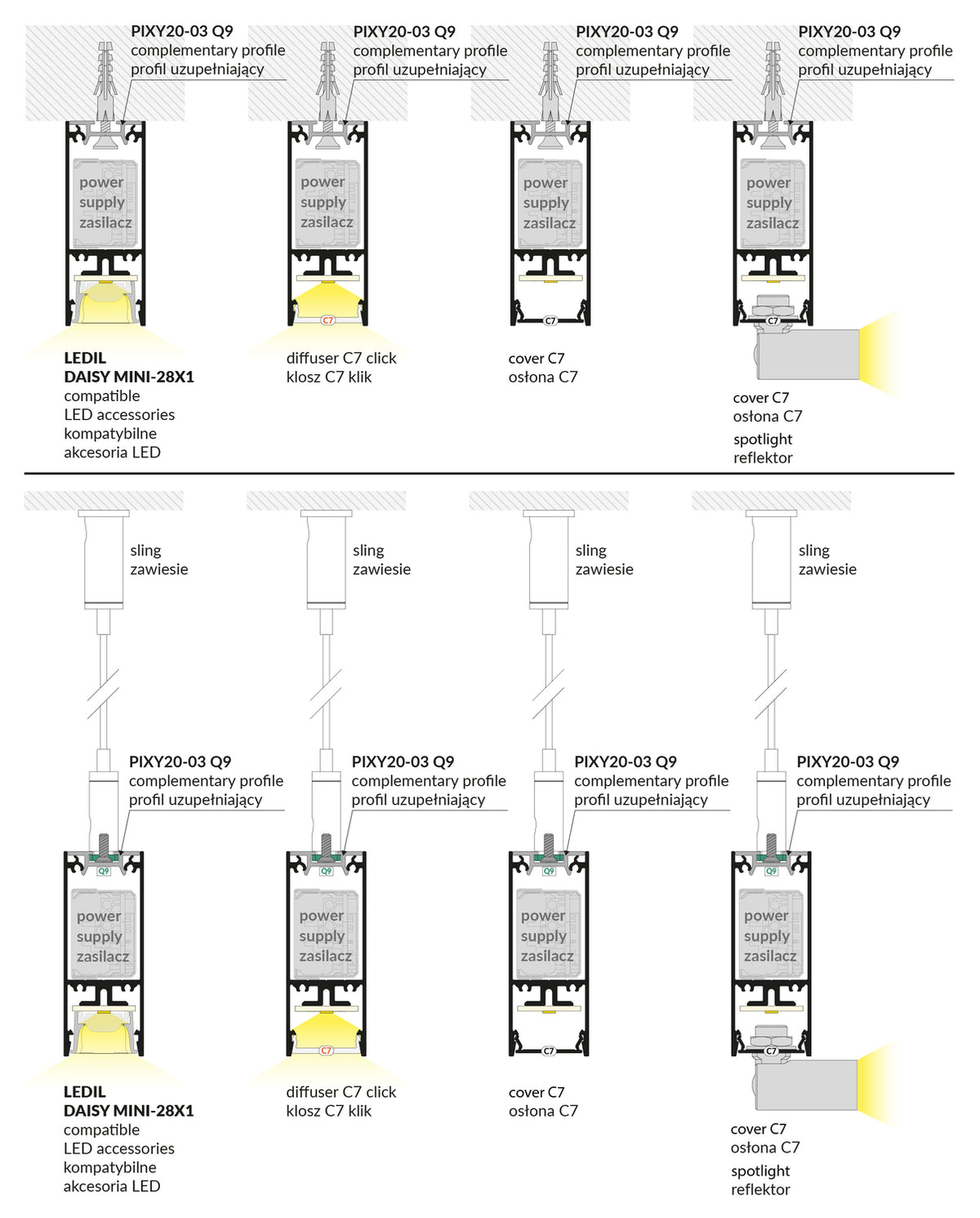 Diagram showing cross-sections of the 1″ Suspended/Surface Mount LED Channel (Model Pixy20-02) in various configurations, including surface-mounted aluminum channel and LED profile options, with labeled components in English and Polish for diffusers, covers, and accessories, arranged in two rows for comparison.