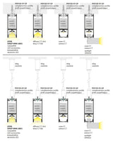 Diagram showing cross-sections of the 1″ Suspended/Surface Mount LED Channel (Model Pixy20-02) in various configurations, including surface-mounted aluminum channel and LED profile options, with labeled components in English and Polish for diffusers, covers, and accessories, arranged in two rows for comparison.
