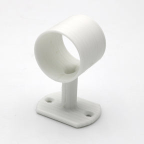 The Wired Post for 1.50 Round Profiles is a white plastic bracket with a cylindrical holder and flat base with two screw holes, designed to securely mount LED diffuser tubes onto surfaces.