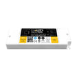 A rectangular, white 5-in-1 Dimmable LED Driver (24V) from the EnoLED ProDrive Series features connection terminals, labeled input/output specs, certification logos, model details, and a QR code on its low-profile universal input LED driver label.