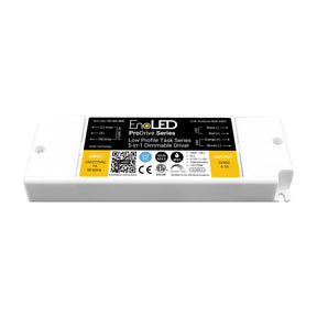 A rectangular, white 5-in-1 Dimmable LED Driver (24V) from the EnoLED ProDrive Series features connection terminals, labeled input/output specs, certification logos, model details, and a QR code on its low-profile universal input LED driver label.