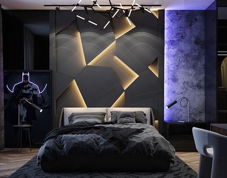RGBWW LED strip lighting adds ambient glow and contrast to a modern bedroom interior with wall art and mood lighting.
