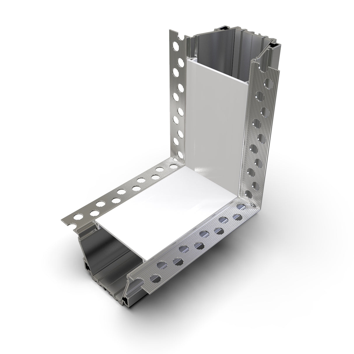 The 90 Degree Connector for RPL55US Profile is a metal corner bead with perforated flanges, shown forming a right angle. The silver connector features holes along the edges and a smooth white center panel for drywall installation.