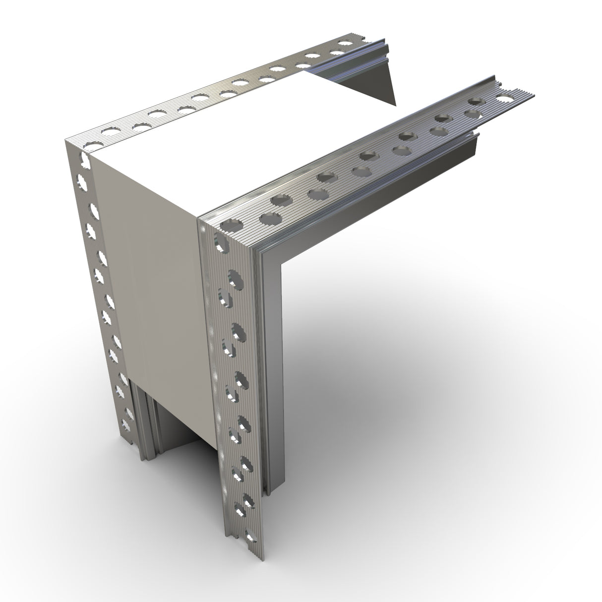 The 90 Degree Connector for RPL55US Profile is an L-shaped metal trim with perforated flanges, circular holes, and a smooth metallic finish. It’s designed to connect LED channels at right angles and is shown against a white background.