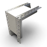 The 90 Degree Connector for RPL55US Profile is an L-shaped metal trim with perforated flanges, circular holes, and a smooth metallic finish. It’s designed to connect LED channels at right angles and is shown against a white background.