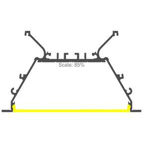 Black technical line drawing of the Recessed 3-inch LED Light Strip Channel (Model RPLW80-FL) aluminum profile cross-section, with a yellow highlighted bottom section and Scale: 85% text centered.