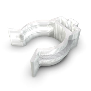A shiny, metallic, C-shaped T-Bar Clip for LED Diffuser Redondo XL with smooth, layered edges and a small tab or notch on one end rests on a white background—perfect for securing components like the Neon Redondo XL T-Section Aluminum Bar.