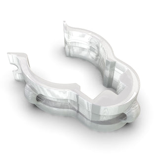 A metallic, shiny T-Bar Suspension Clip for Redondo XL, shaped like a cat's head with a slot in the middle, is viewed from above on a white background.