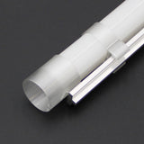 A close-up of the T-Bar Clip for LED Diffuser Redondo XL attached to the side of a translucent plastic tube, set against a dark background.