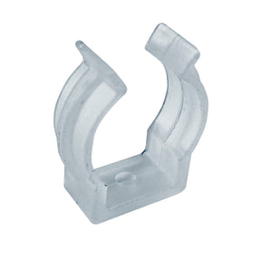 Mounting Clip for Neon Redondo XL: Clear plastic U-shaped clip with a base mounting hole, designed to securely hold Neon Redondo XL or similar cylindrical objects in place.
