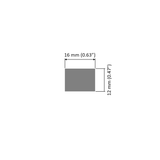 A gray rectangle represents the White Universal Surface-mount Waterproof Outdoor LED Lighting Fixture (24V) ~ Roma Series, dimensions 16 mm (0.63") wide (label above) and 12 mm (0.47") tall (label right), ideal for outdoor surface-mount use.
