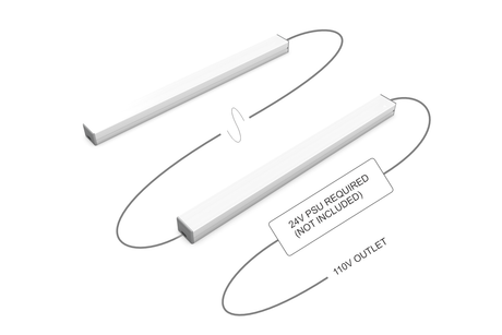 The White Universal Surface-mount Waterproof Outdoor LED Lighting Fixture (24V) ~ Roma Series features a dotless linear design, cable connectivity, and requires a 24V power supply (not included)—perfect for sleek outdoor lighting.