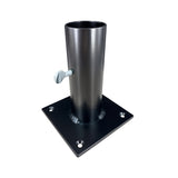 The Steel Vertical Floor Stand for 1.50" Round Profiles is a black metal holder with a square steel base, four screw holes, and a tightening knob—perfect for mounting and securing round diffuser tubes or LED profiles.