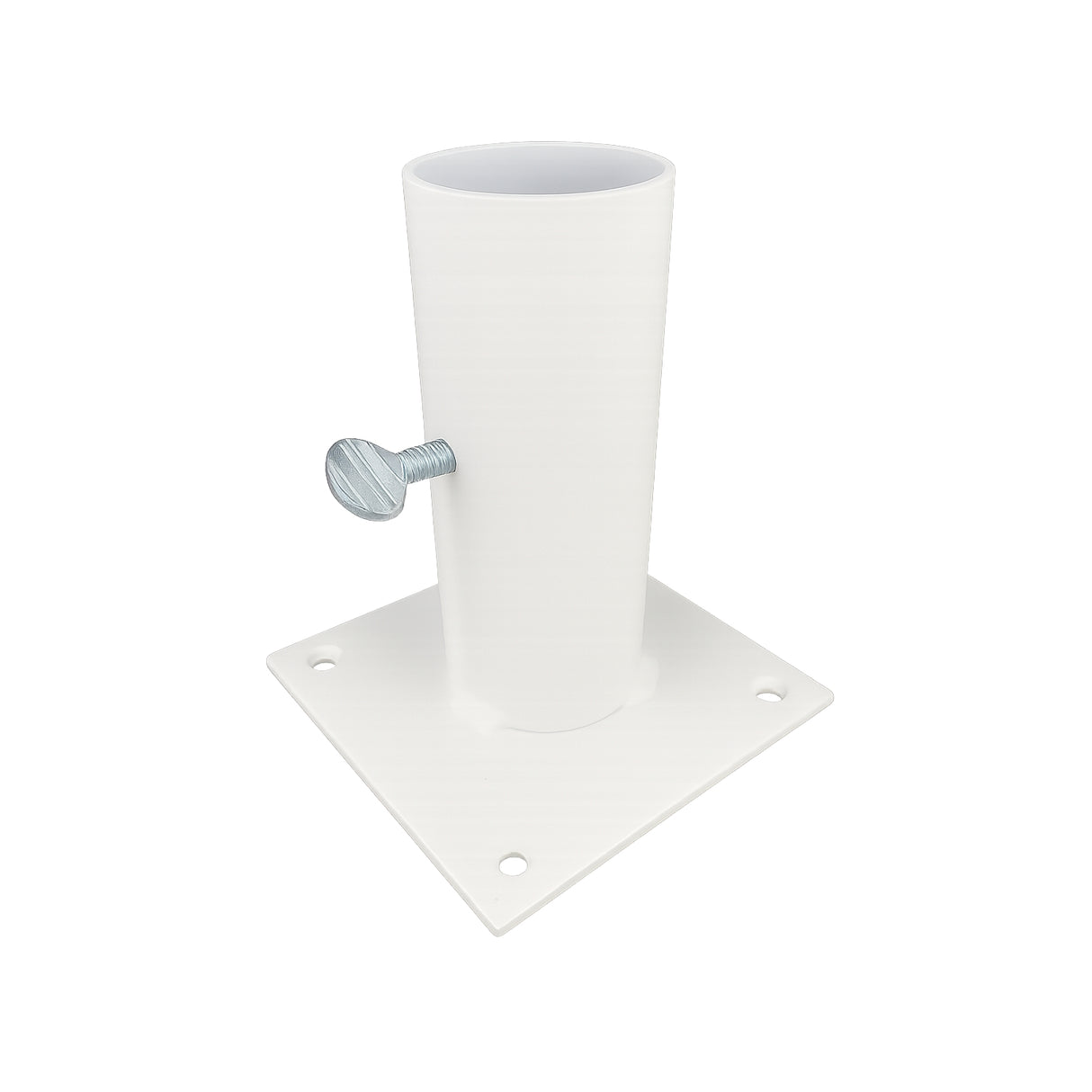 The Steel Vertical Floor Stand for 1.50" Round Profiles features a white metal bracket with a round diffuser tube, side thumb screw, and steel base plate with four corner holes—perfect for mounting LED profiles securely to the floor.