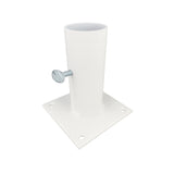 The Steel Vertical Floor Stand for 1.50" Round Profiles features a white metal bracket with a round diffuser tube, side thumb screw, and steel base plate with four corner holes—perfect for mounting LED profiles securely to the floor.