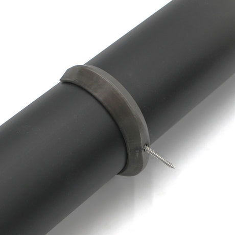 A Mounting Clip for 2.56" Round Profiles is attached to a black cylindrical pipe, secured by a metal clamp with a screw partially inserted into the pipe.